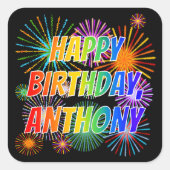 Vorname "ANTHONY", Fun "HAPPY BIRTHDAY" Quadratischer Aufkleber (Vorderseite)
