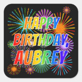 Vorname "AUBREY", Fun "HAPPY BIRTHDAY" Quadratischer Aufkleber (Vorderseite)