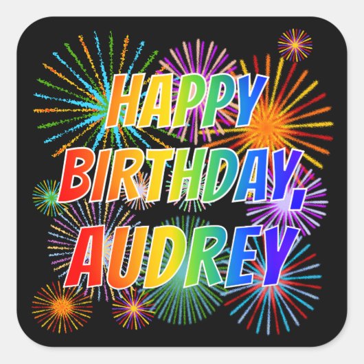 Vorname "AUDREY", Fun "HAPPY BIRTHDAY" Quadratischer Aufkleber (Vorderseite)