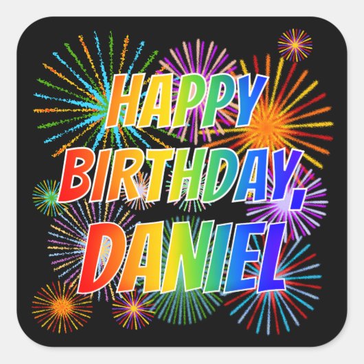 Vorname "DANIEL", Fun "HAPPY BIRTHDAY" Quadratischer Aufkleber (Vorderseite)