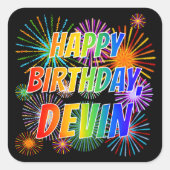 Vorname "DEVIN", Fun "HAPPY BIRTHDAY" Quadratischer Aufkleber (Vorderseite)