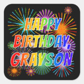 Vorname "GRAYSON", Fun "HAPPY BIRTHDAY" Quadratischer Aufkleber (Vorderseite)