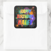 Vorname "HALEY", Fun "HAPPY BIRTHDAY" Quadratischer Aufkleber (Tasche)