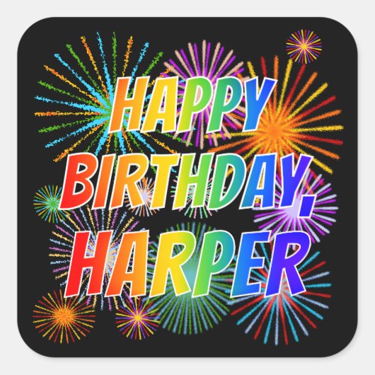 Vorname "HARPER", Fun "HAPPY BIRTHDAY" Quadratischer Aufkleber (Vorderseite)