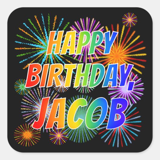 Vorname "JACOB", Fun "HAPPY BIRTHDAY" Quadratischer Aufkleber (Vorderseite)