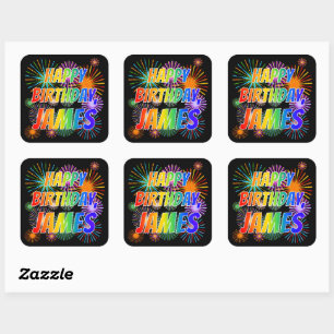Vorname "JAMES", Fun "HAPPY BIRTHDAY" Quadratischer Aufkleber