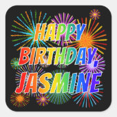 Vorname "JASMINE", Fun "HAPPY BIRTHDAY" Quadratischer Aufkleber (Vorderseite)