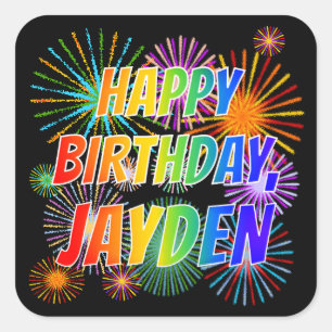 Vorname "JAYDEN", Fun "GLÜCK BIRTHTAG" Quadratischer Aufkleber