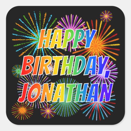 Vorname "JONATHAN", Fun "HAPPY BIRTHDAY" Quadratischer Aufkleber (Vorderseite)