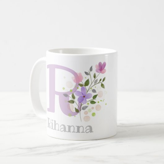 Vorname mit Blume. Blumendesign Kaffeetasse (Vorderseite Links)