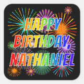 Vorname "NATHANIEL", Fun "HAPPY BIRTHDAY" Quadratischer Aufkleber (Vorderseite)