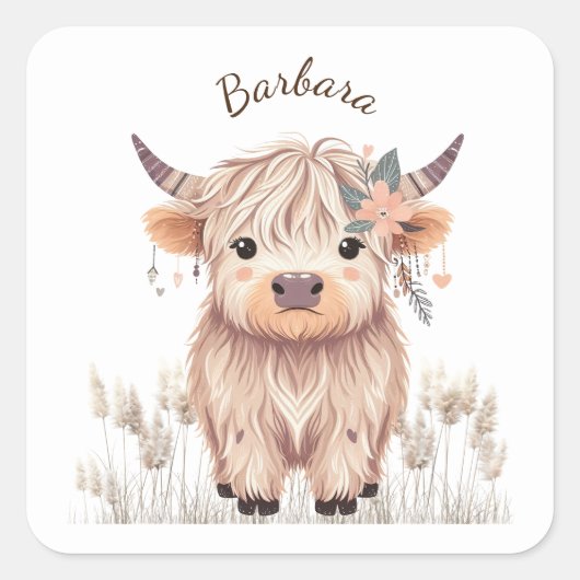 Vorname Niedlich moderne Boho Highland Cow Quadratischer Aufkleber (Vorderseite)