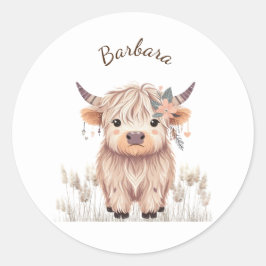 Vorname Niedlich moderne Boho Highland Cow Runder Aufkleber