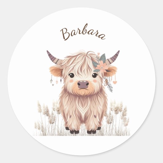 Vorname Niedlich moderne Boho Highland Cow Runder Aufkleber (Vorderseite)