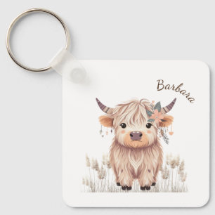 Vorname Niedlich moderne Boho Highland Cow Schlüsselanhänger