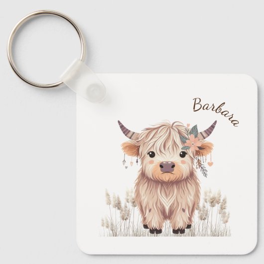 Vorname Niedlich moderne Boho Highland Cow Schlüsselanhänger (Vorderseite)