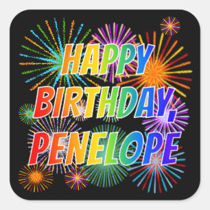 Vorname "PENELOPE", Fun "HAPPY BIRTHDAY" Quadratischer Aufkleber