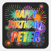 Vorname "PETER", Fun "HAPPY BIRTHDAY" Quadratischer Aufkleber (Vorderseite)