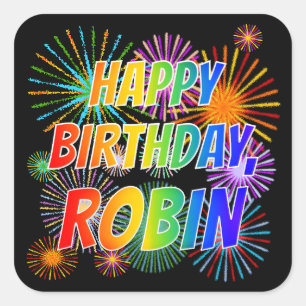 Vorname "ROBIN", Spaß "GLÜCKLICHER BIRTHTAG" Quadratischer Aufkleber