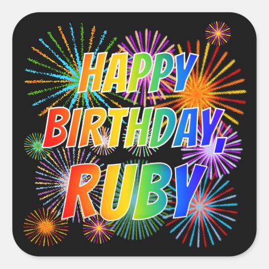 Vorname "RUBY", Spaß "GLÜCKLICHER GEBURTSTAG" Quadratischer Aufkleber (Vorderseite)