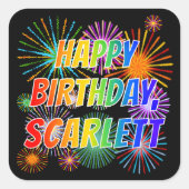 Vorname "SCARLETT", Fun "HAPPY BIRTHDAY" Quadratischer Aufkleber (Vorderseite)