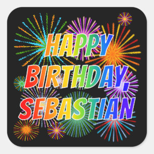 Vorname "SEBASTIAN", Fun "HAPPY BIRTHDAY" Quadratischer Aufkleber
