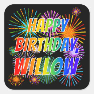 Vorname "WILLOW", Fun "HAPPY BIRTHDAY" Quadratischer Aufkleber