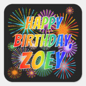 Vorname "ZOEY", Fun "HAPPY BIRTHDAY" Quadratischer Aufkleber (Vorderseite)