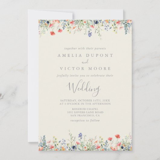 Vorne und hinten Hochzeit mit mehrfarbiger Wildblu Einladung (Vorderseite)