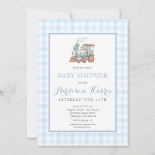 Vornehme blaue Gingham Choo Choo Zug Baby Shower Einladung