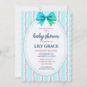 Vornehme blaue Schleife & Florale Babyparty-Einlad Einladung