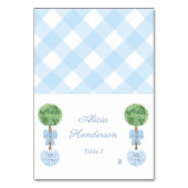 Vornehme blaue Schleifen- Buchsbaum-Einzelplatzkar Tischnummer (Vorderseite)