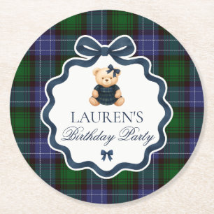 Vornehme Kokette Bär Plaid Geburtstag Runder Pappuntersetzer