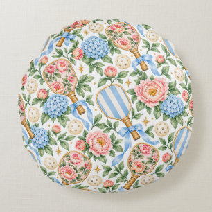 Vornehme Küsten-Chic-Pickleball-Blau und Rosé Rundes Kissen