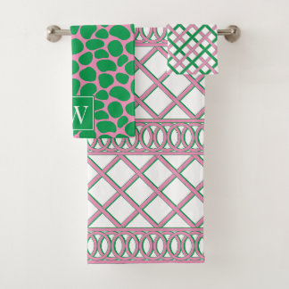 Vornehme maximalistische Gitter-Pink- und Grün-Mon Badhandtuch Set