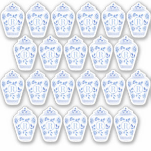 Vornehme Monogramm Blau-Weiße Ingwer-Vase Aufkleber