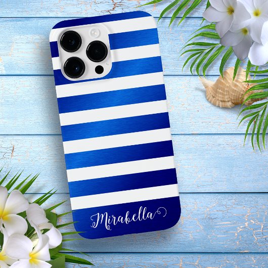 Vornehme Monogramm Name Blau und Weiße Streifen Case-Mate iPhone Hülle