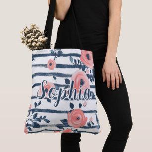 Vornehme Pfirsich-Rosa-Blumen Navy-Streifen Person Tasche