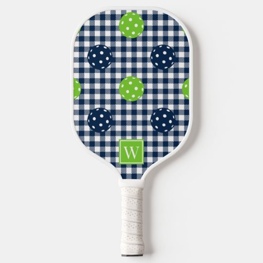 Vornehme Pickleball Gingham - Navy & Lime Monogram Schläger (Vorderseite)