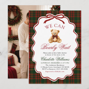 Vornehme rote Weihnachts-Tartan-Teddybär-Baby-Part Einladung