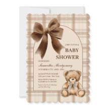 Vornehme Teddybär-Beige-Kariert-Baby-Shower-Einlad
