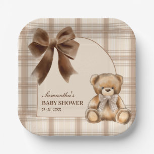 Vornehme Teddybär-Beige-Karierter-Babyparty Pappteller