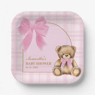 Vornehme Teddybär-Platten mit rosa Schottenmuster Pappteller