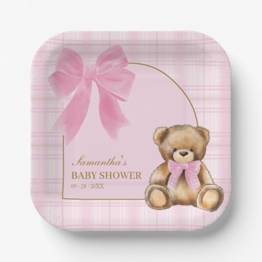 Vornehme Teddybär-Platten mit rosa Schottenmuster Pappteller (Vorderseite)