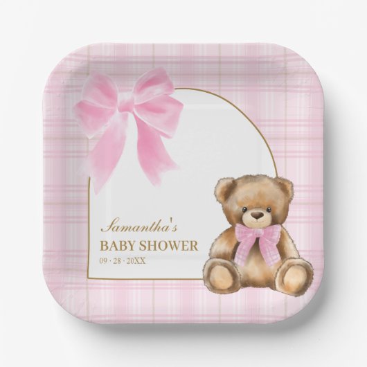 Vornehme Teddybär-Platten mit rosa Schottenmuster Pappteller (Vorderseite)