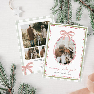 Vornehme Vintage-Rosa-Schleifen-Weihnachtsfamilien Feiertagskarte