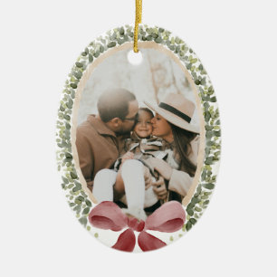 Vornehme Vintage-Rote-Schleife-Familienfoto-Weihna Keramik Ornament
