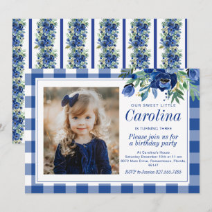 Vornehme Wasserfarbe Navy Blau Floral Gingham Einladung