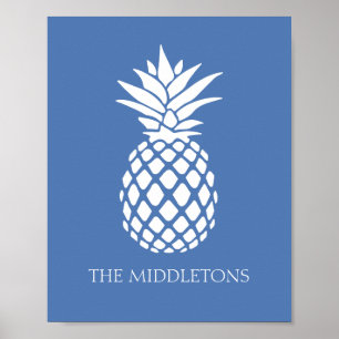 Vornehme weiße Ananas auf Blau Poster