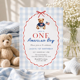 Vornehmer amerikanischer Teddybär Blau Gingham Jun Einladung